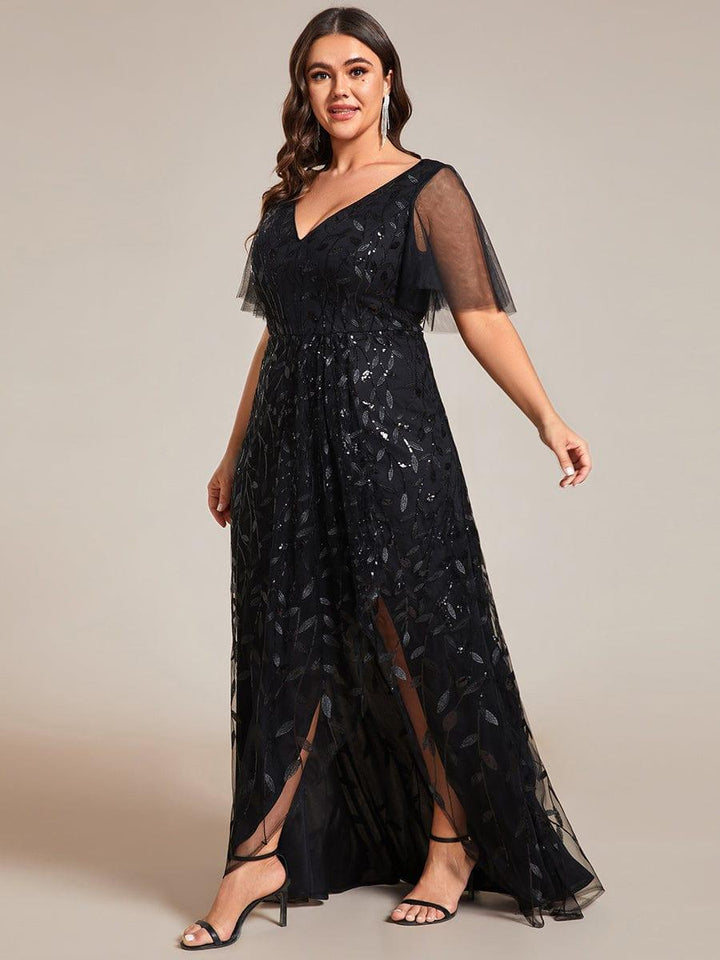 Plus size sequin high-low midi evening dress with short sleeves for women