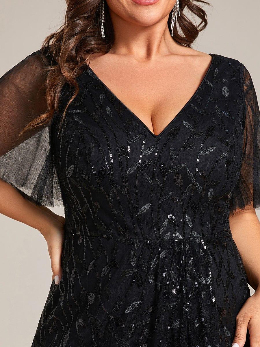Plus size sequin high-low midi evening dress with short sleeves for women