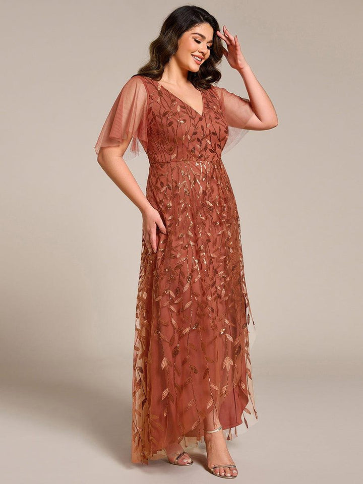 Plus size sequin high-low midi evening dress with short sleeves for women