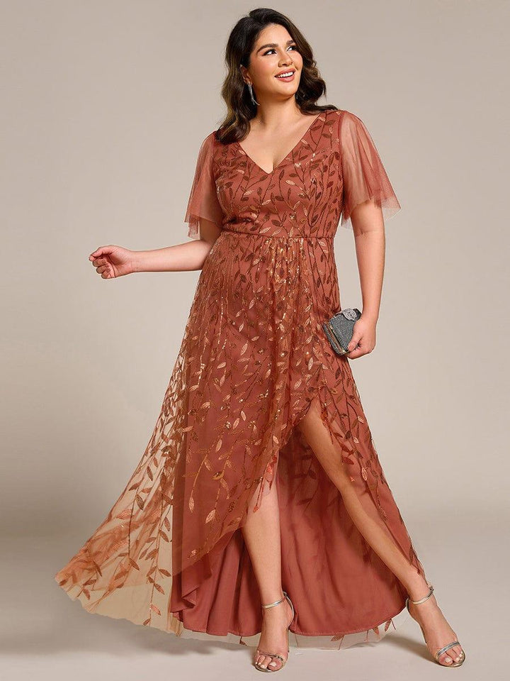 Plus size sequin high-low midi evening dress with short sleeves for women