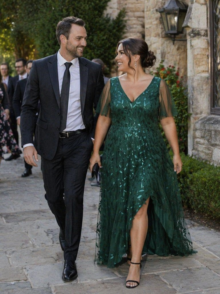 Plus size sequin high-low midi evening dress with short sleeves for women