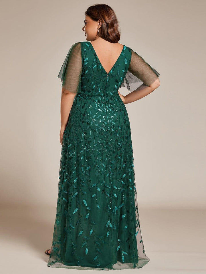 Plus size sequin high-low midi evening dress with short sleeves for women