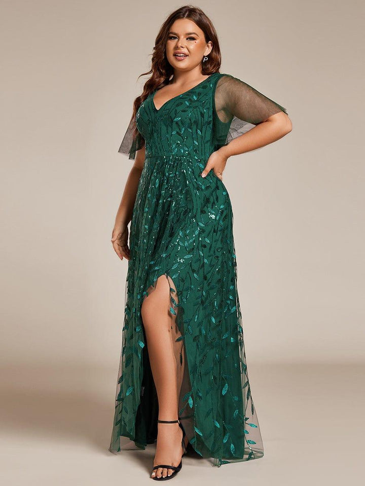 Plus size sequin high-low midi evening dress with short sleeves for women
