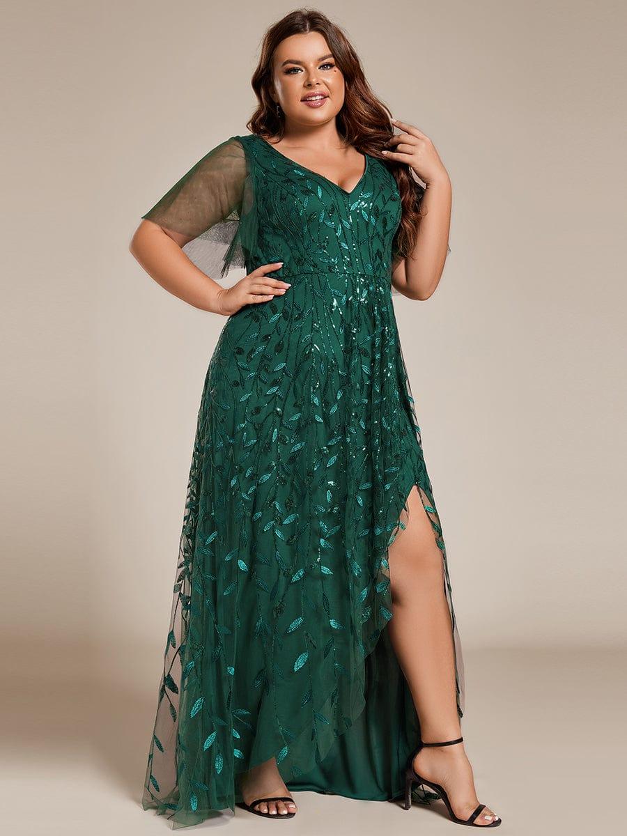 Plus size sequin high-low midi evening dress with short sleeves for women