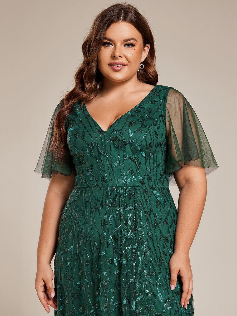 Plus size sequin high-low midi evening dress with short sleeves for women