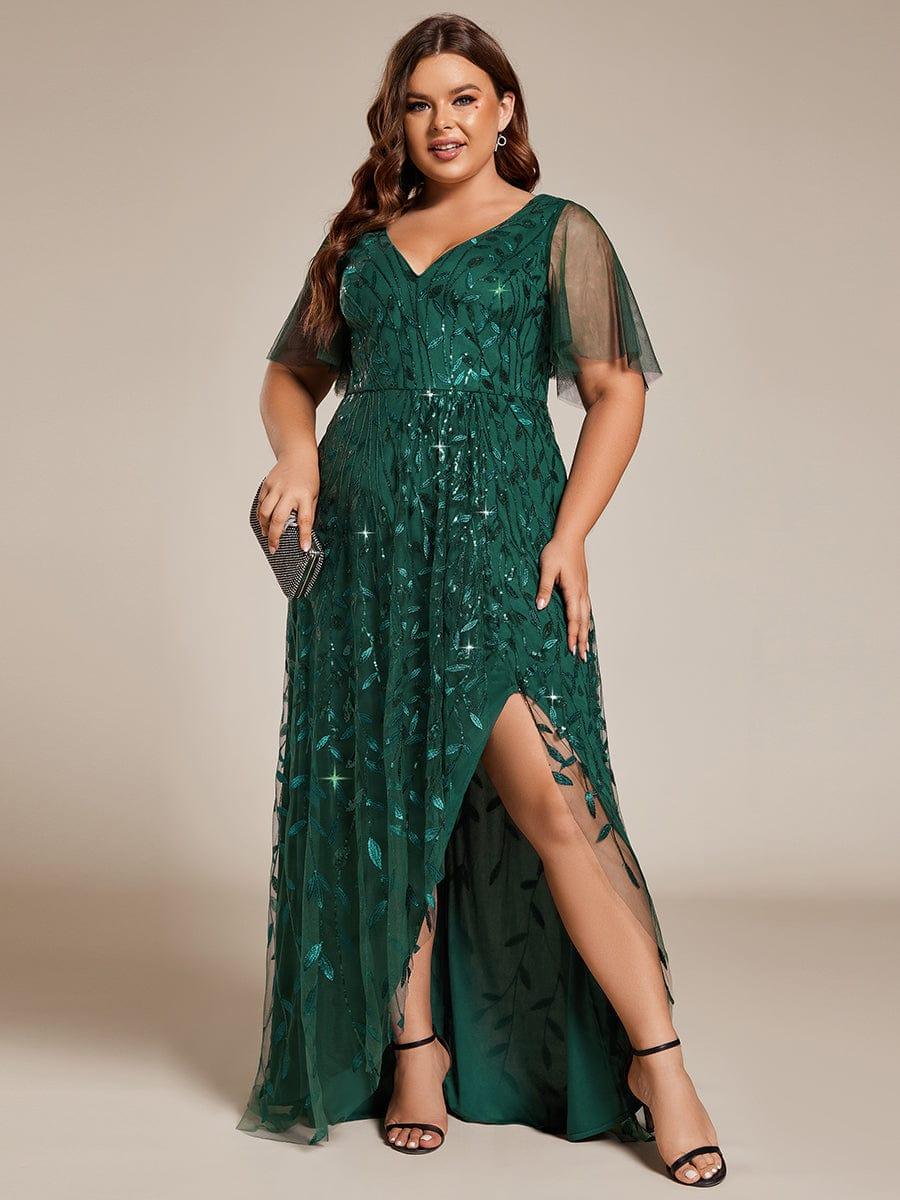 Plus size sequin high-low midi evening dress with short sleeves for women