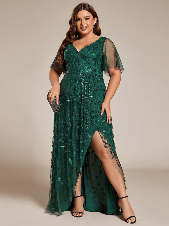 Plus size sequin high-low midi evening dress with short sleeves for women