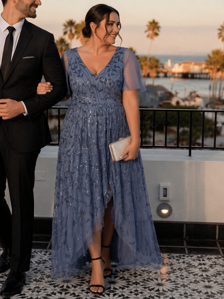 Plus size sequin high-low midi evening dress with short sleeves for women