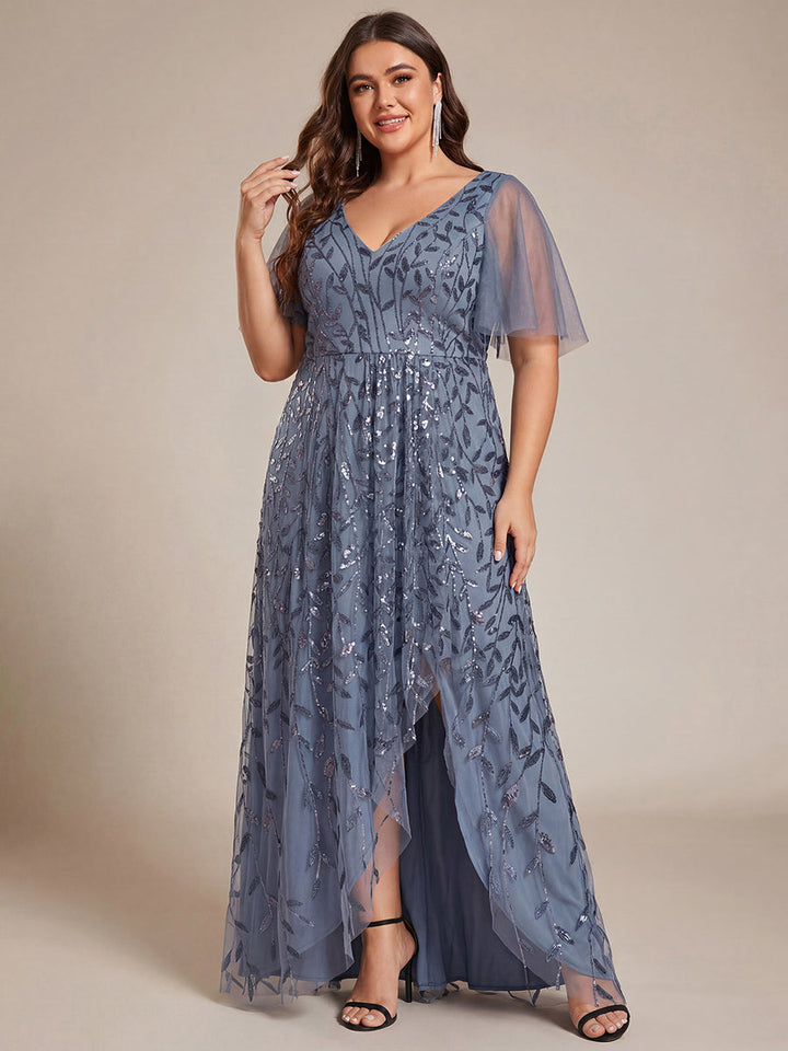 Plus size sequin high-low midi evening dress with short sleeves for women
