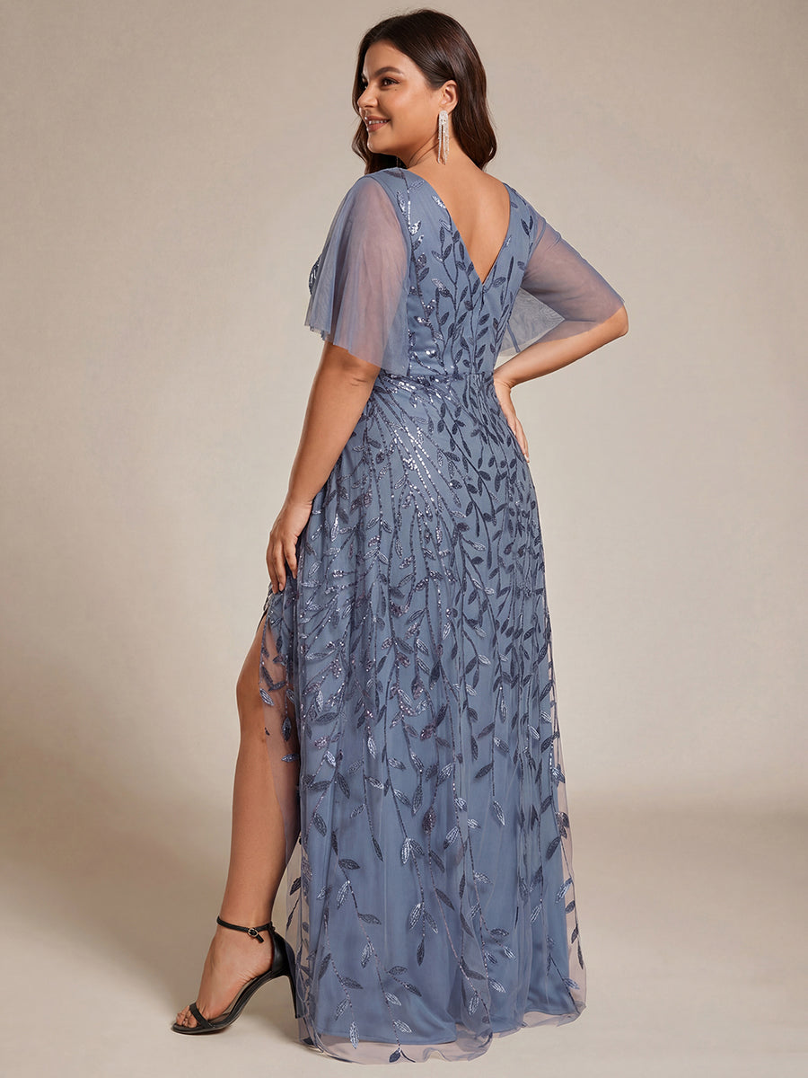 Plus size sequin high-low midi evening dress with short sleeves for women