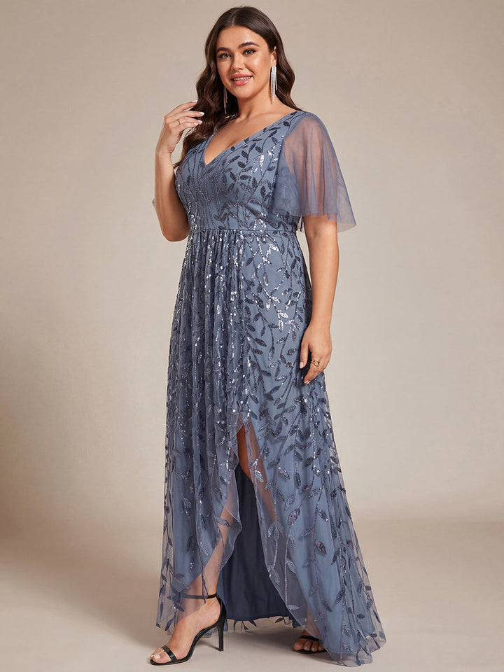 Plus size sequin high-low midi evening dress with short sleeves for women
