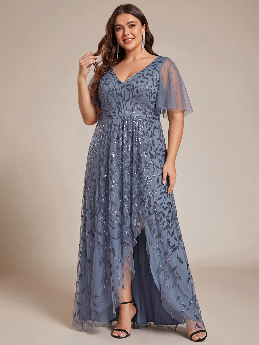 Plus size sequin high-low midi evening dress with short sleeves for women