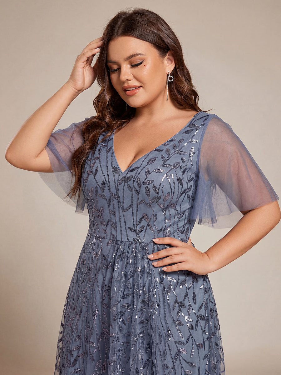 Plus size sequin high-low midi evening dress with short sleeves for women