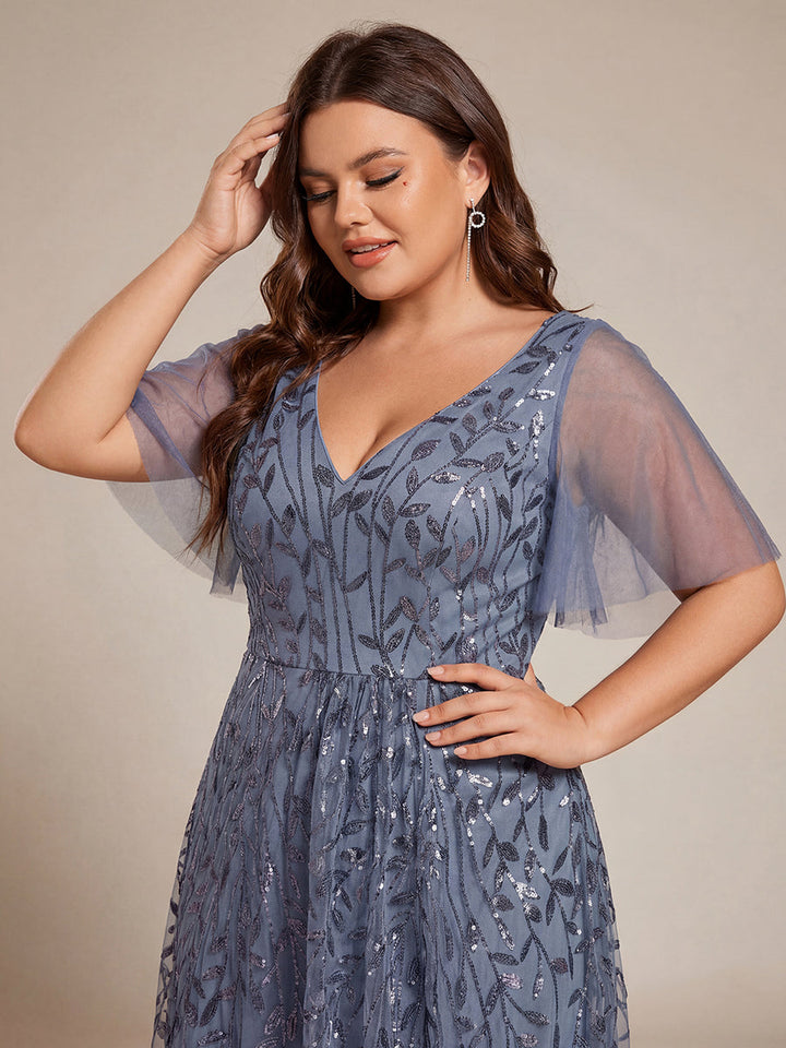 Plus size sequin high-low midi evening dress with short sleeves for women