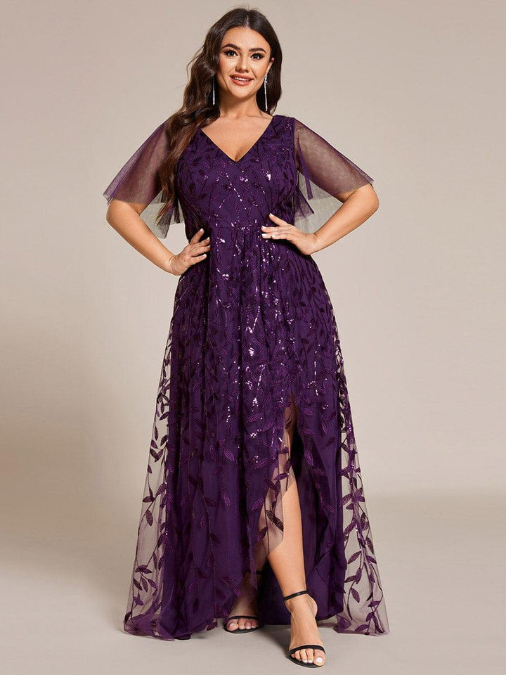 Plus size sequin high-low midi evening dress with short sleeves for women