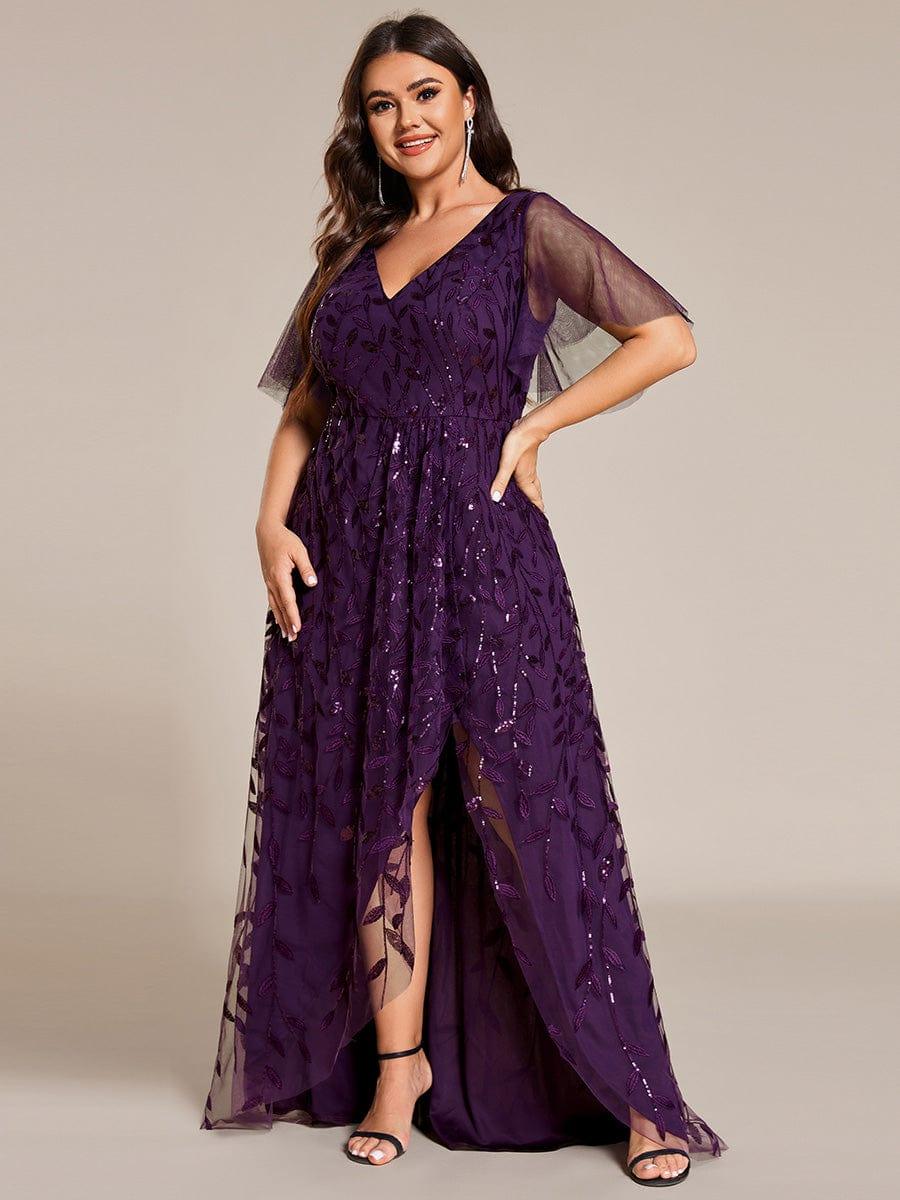 Plus size sequin high-low midi evening dress with short sleeves for women