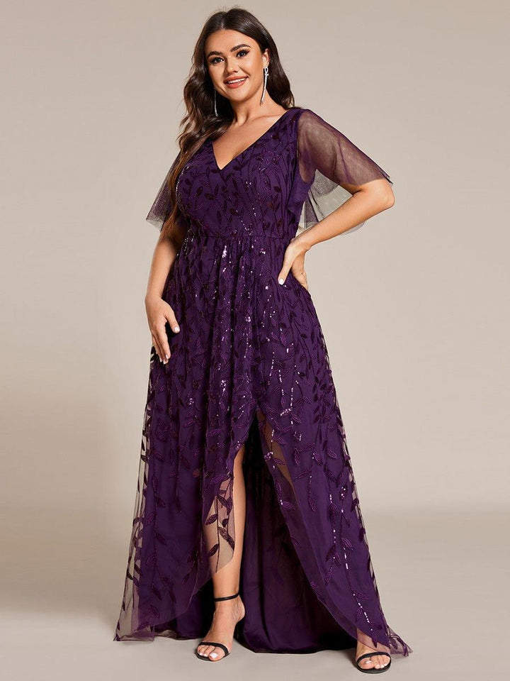 Plus size sequin high-low midi evening dress with short sleeves for women