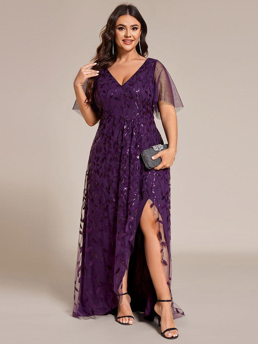 Plus size sequin high-low midi evening dress with short sleeves for women