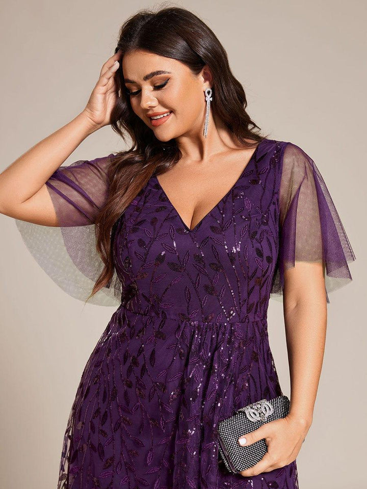 Plus size sequin high-low midi evening dress with short sleeves for women