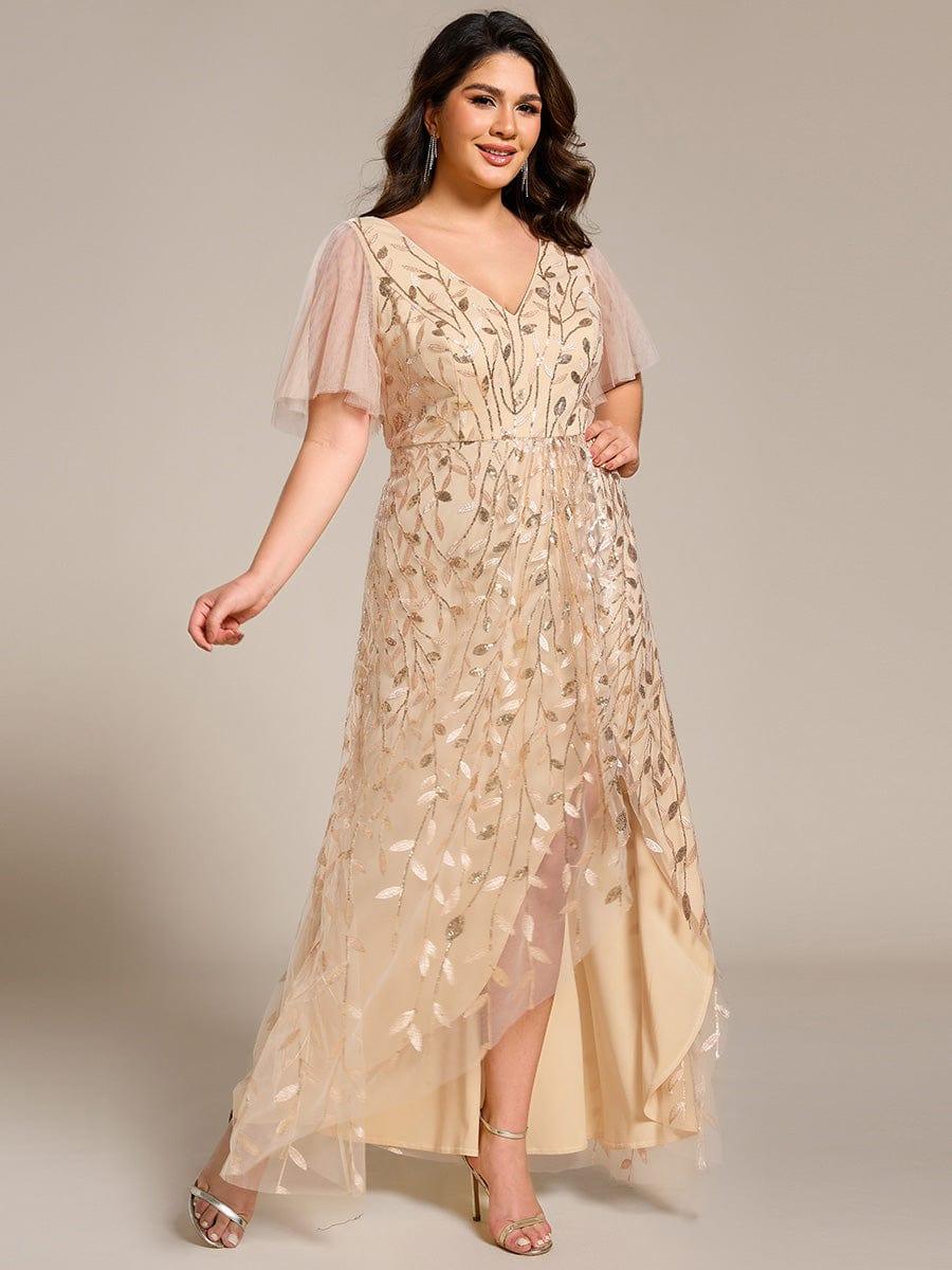 Plus size sequin high-low midi evening dress with short sleeves for women