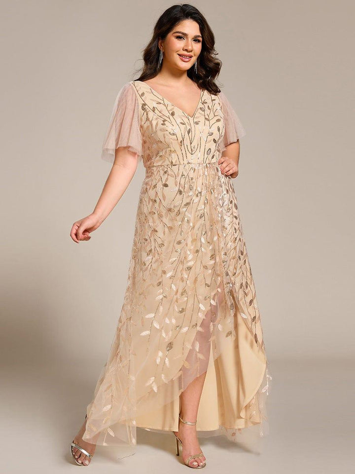 Plus size sequin high-low midi evening dress with short sleeves for women