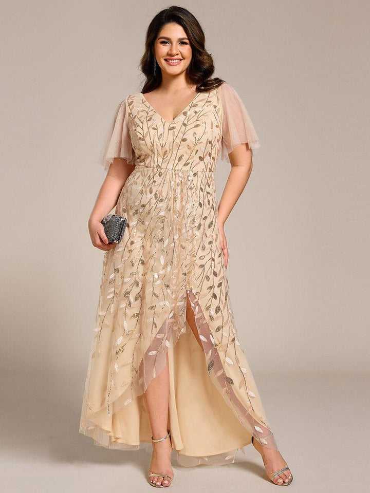 Plus size sequin high-low midi evening dress with short sleeves for women