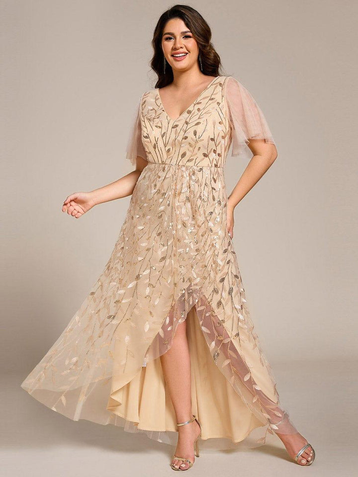 Plus size sequin high-low midi evening dress with short sleeves for women