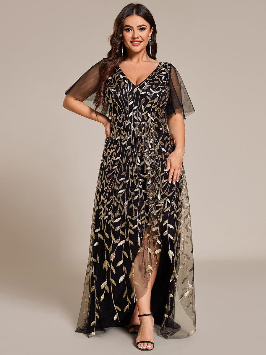 Plus size sequin high-low midi evening dress with short sleeves for women