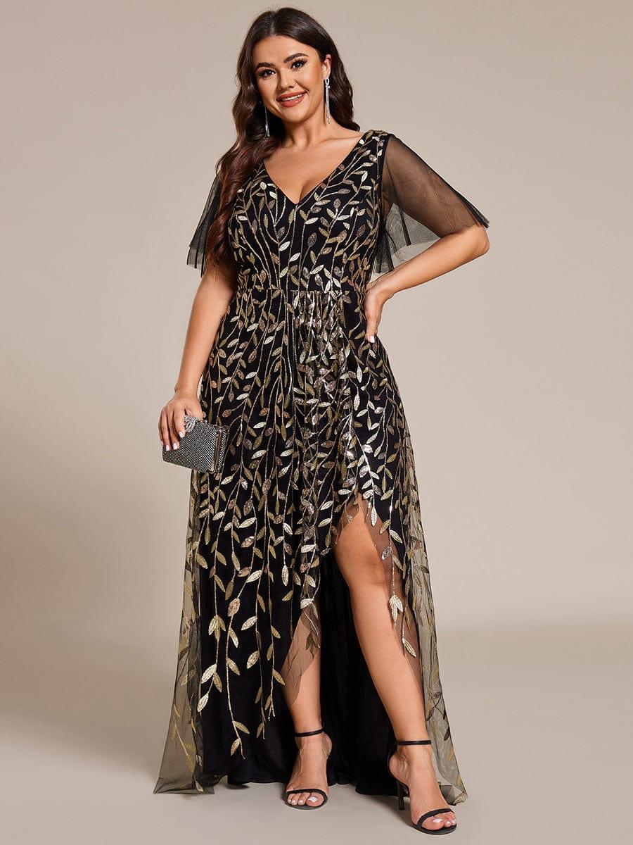 Plus size sequin high-low midi evening dress with short sleeves for women