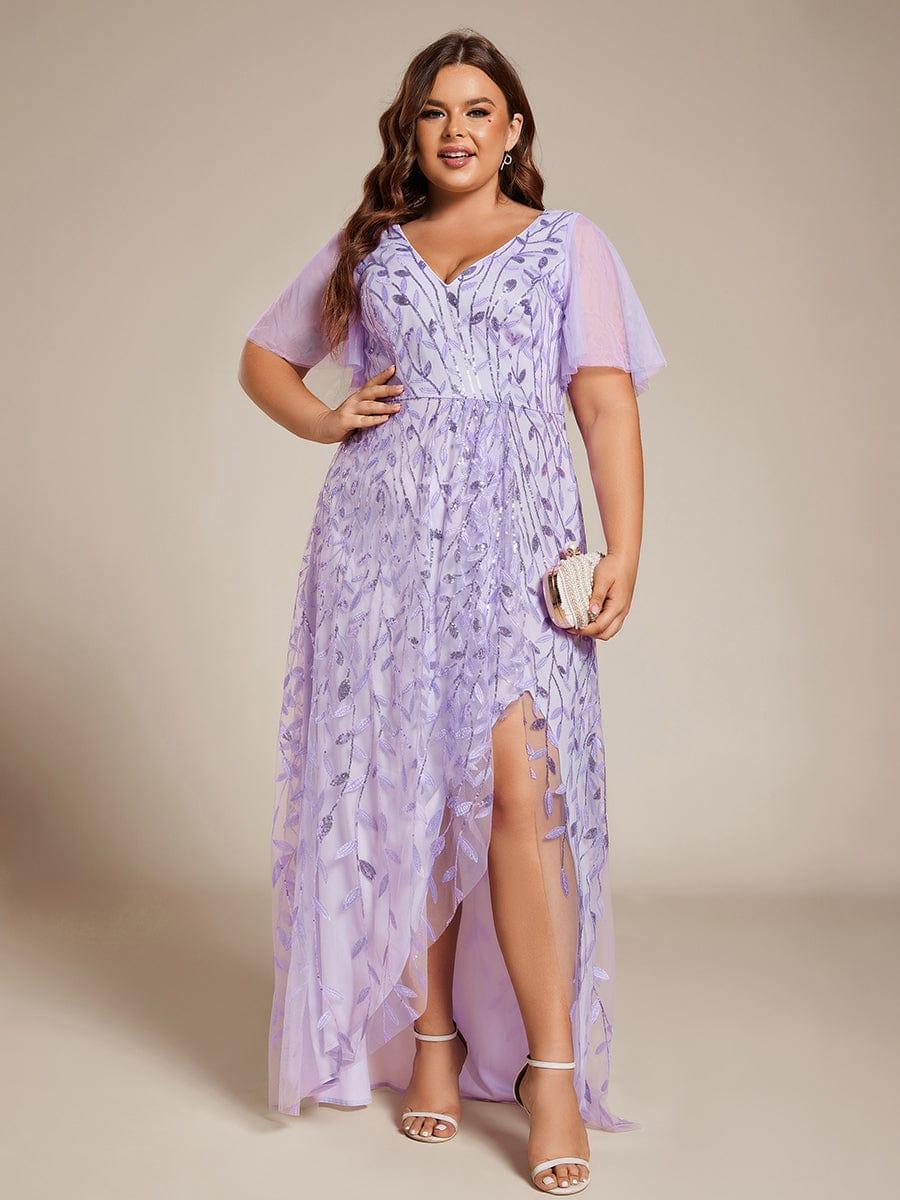 Plus size sequin high-low midi evening dress with short sleeves for women