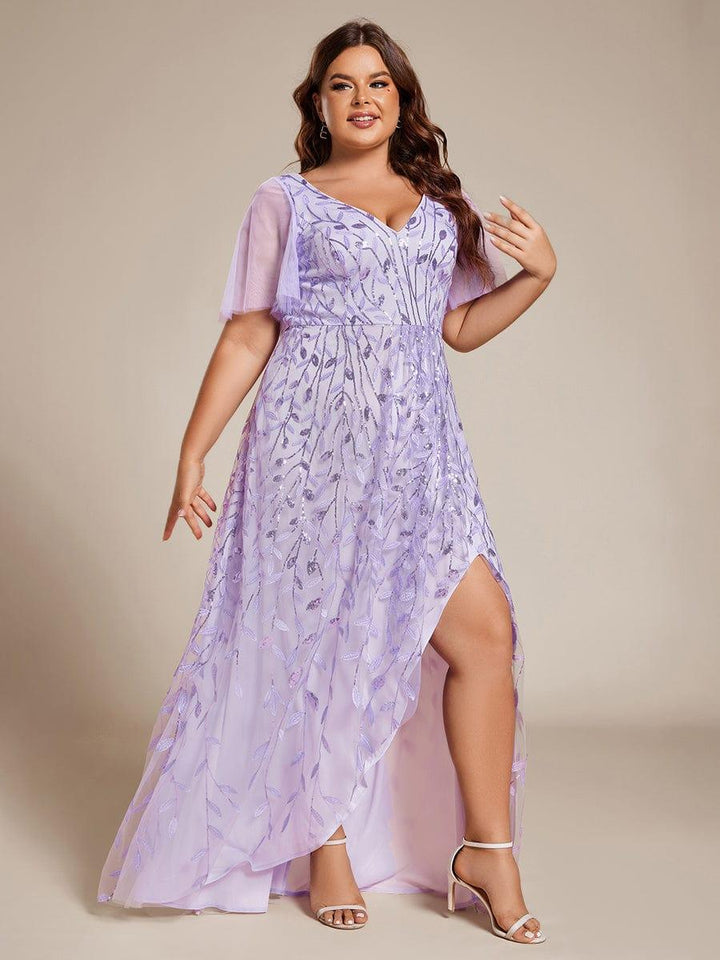 Plus size sequin high-low midi evening dress with short sleeves for women