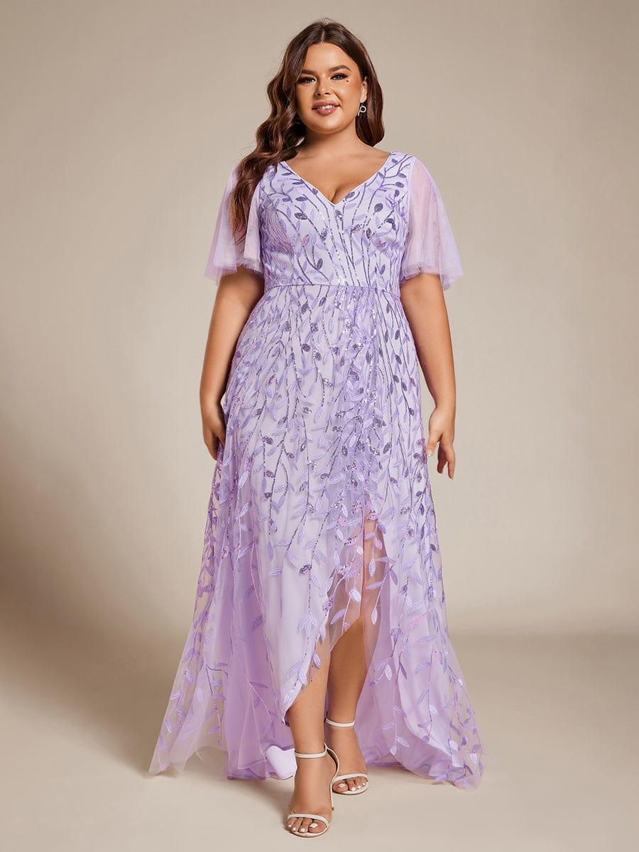 Plus size sequin high-low midi evening dress with short sleeves for women