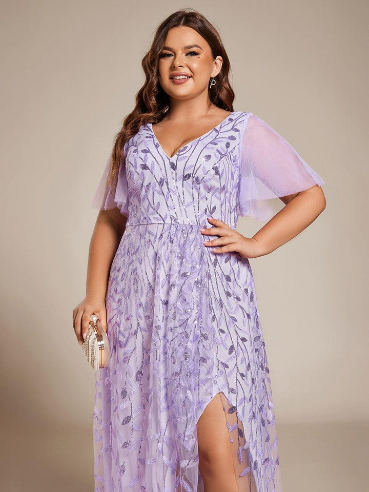 Plus size sequin high-low midi evening dress with short sleeves for women