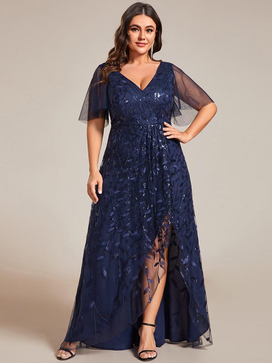 Plus size sequin high-low midi evening dress with short sleeves for women