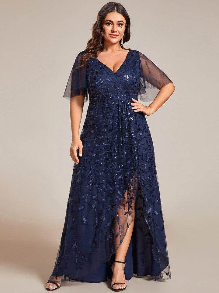 Plus size sequin high-low midi evening dress with short sleeves for women