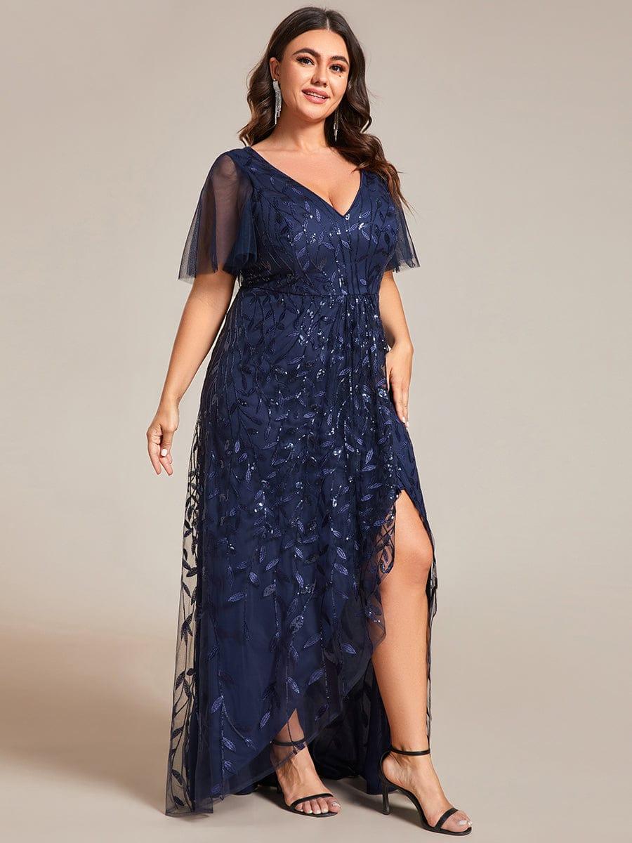 Plus size sequin high-low midi evening dress with short sleeves for women