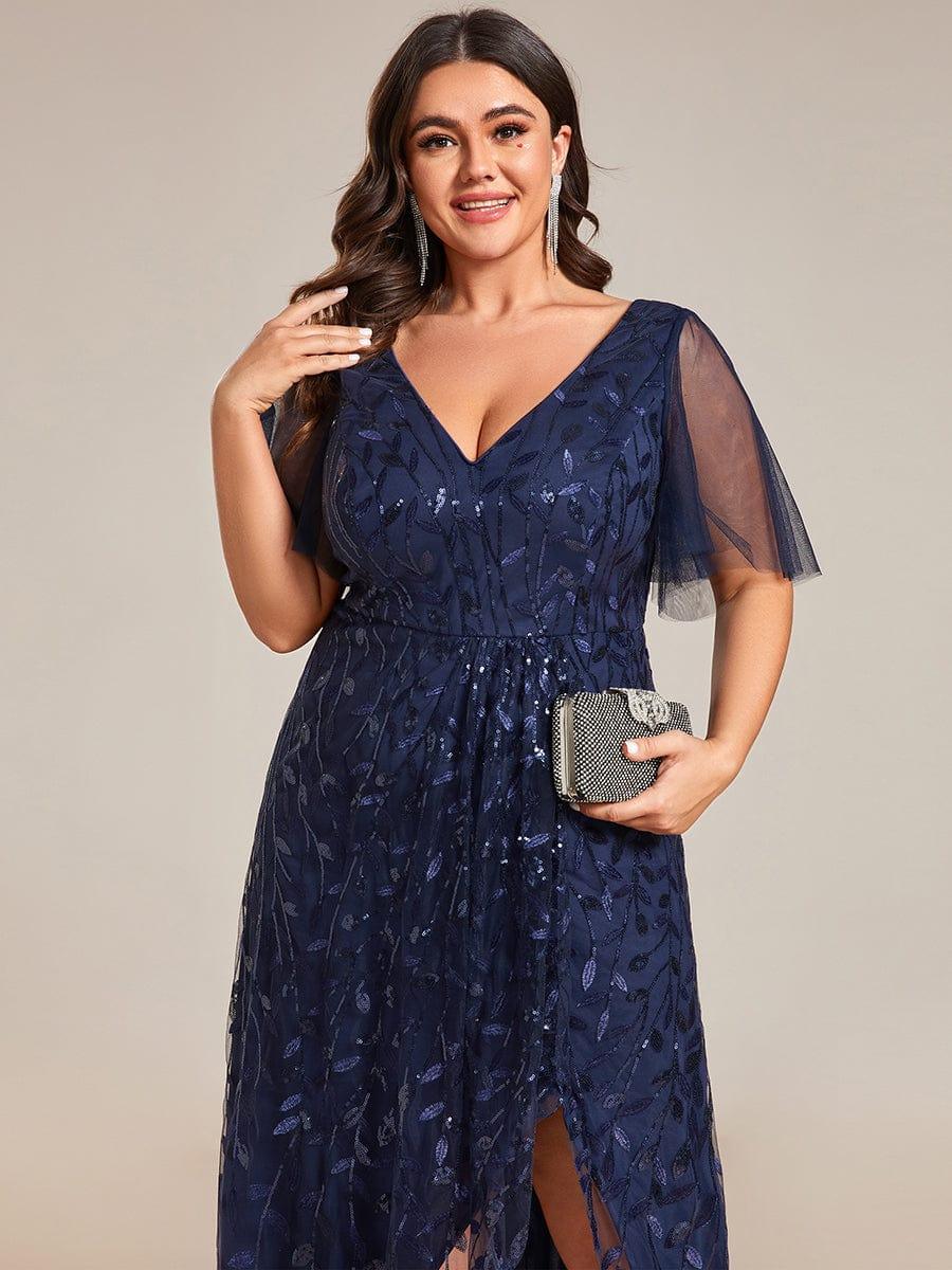 Plus size sequin high-low midi evening dress with short sleeves for women