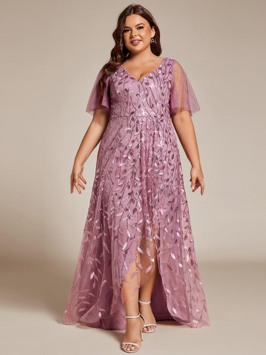 Plus size sequin high-low midi evening dress with short sleeves for women