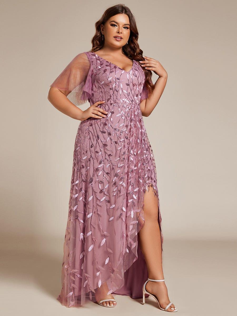Plus size sequin high-low midi evening dress with short sleeves for women