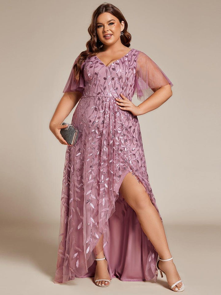 Plus size sequin high-low midi evening dress with short sleeves for women