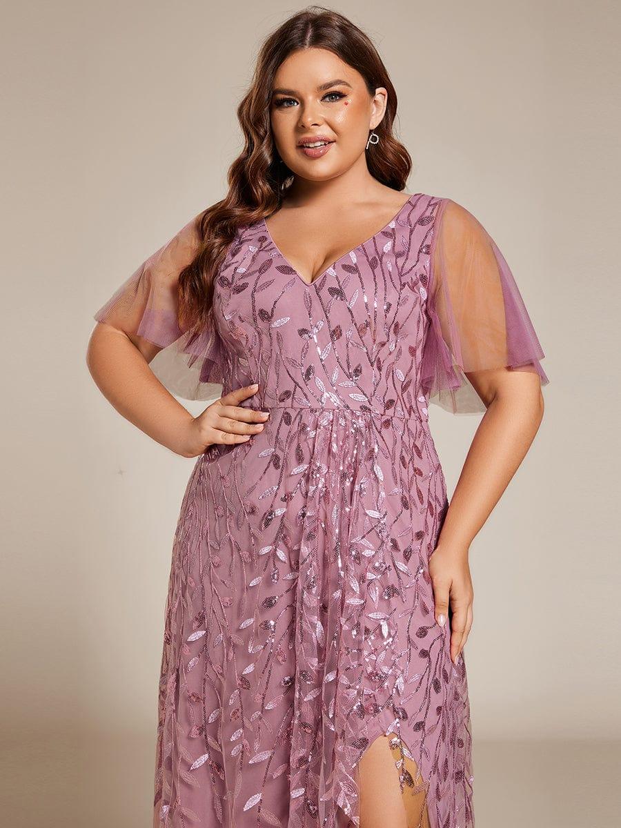 Plus size sequin high-low midi evening dress with short sleeves for women