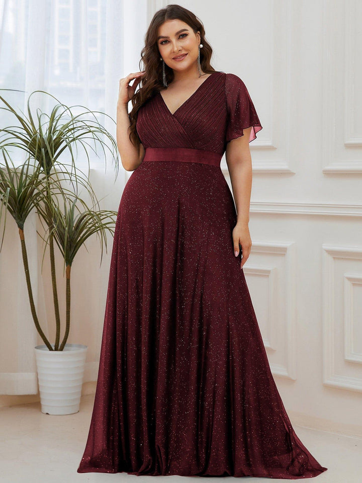 Plus size sparkly ribbon waist V-neck evening dress with sleeves for women