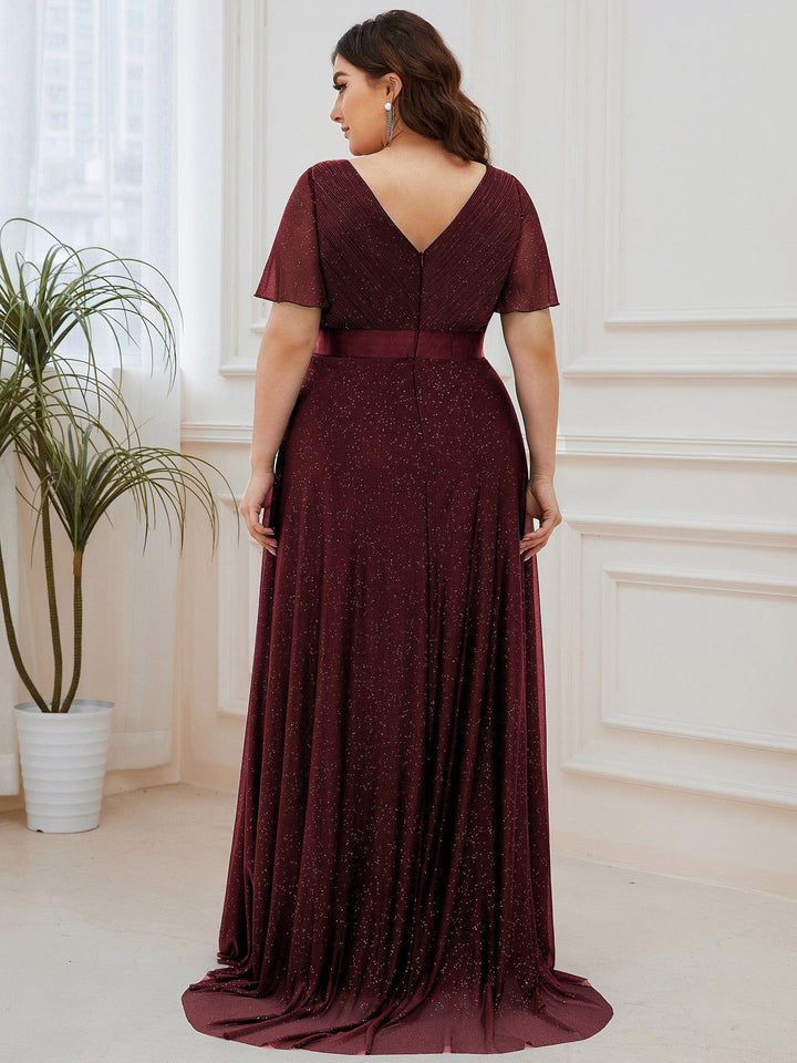Plus size sparkly ribbon waist V-neck evening dress with sleeves for women