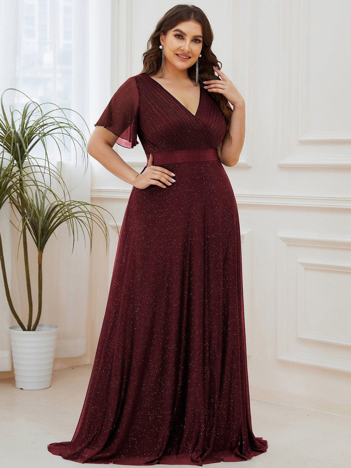 Plus size sparkly ribbon waist V-neck evening dress with sleeves for women