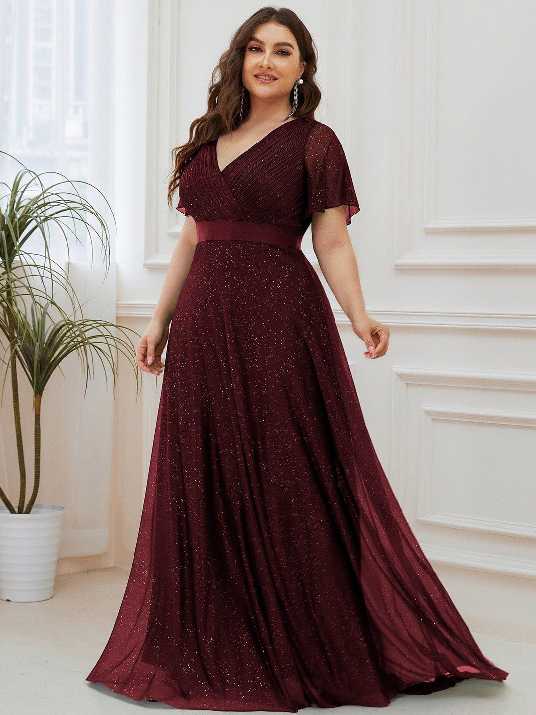 Plus size sparkly ribbon waist V-neck evening dress with sleeves for women