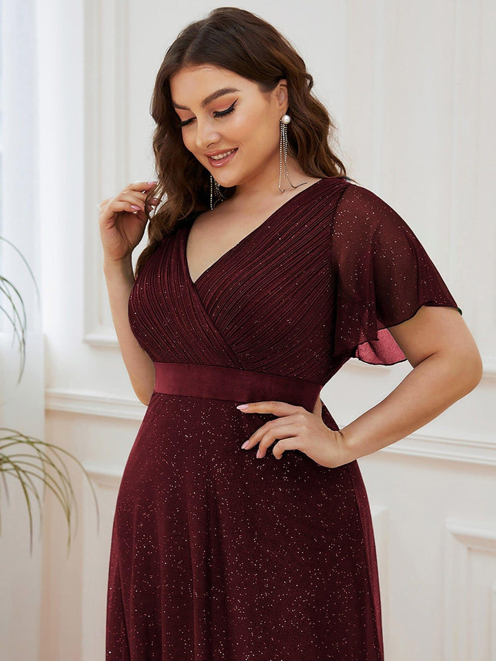 Plus size sparkly ribbon waist V-neck evening dress with sleeves for women