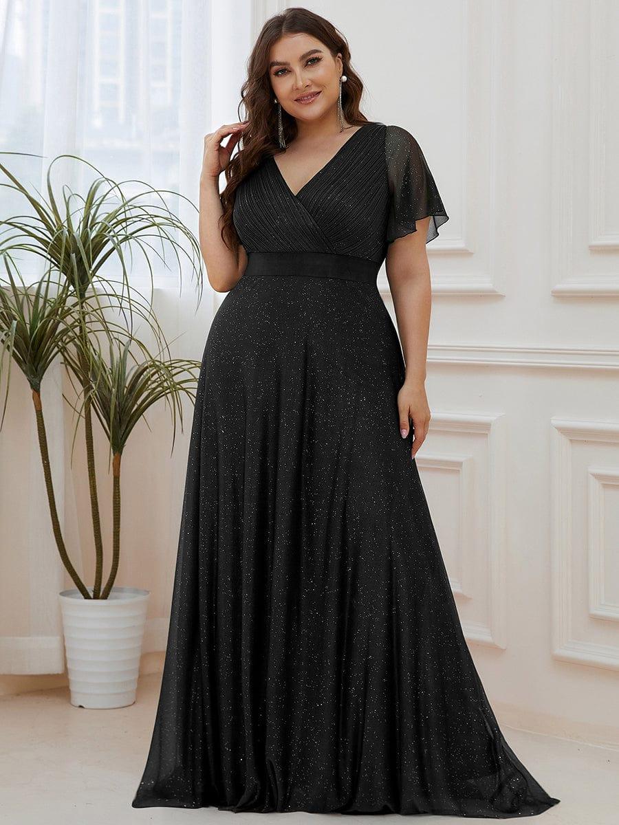 Plus size sparkly ribbon waist V-neck evening dress with sleeves for women