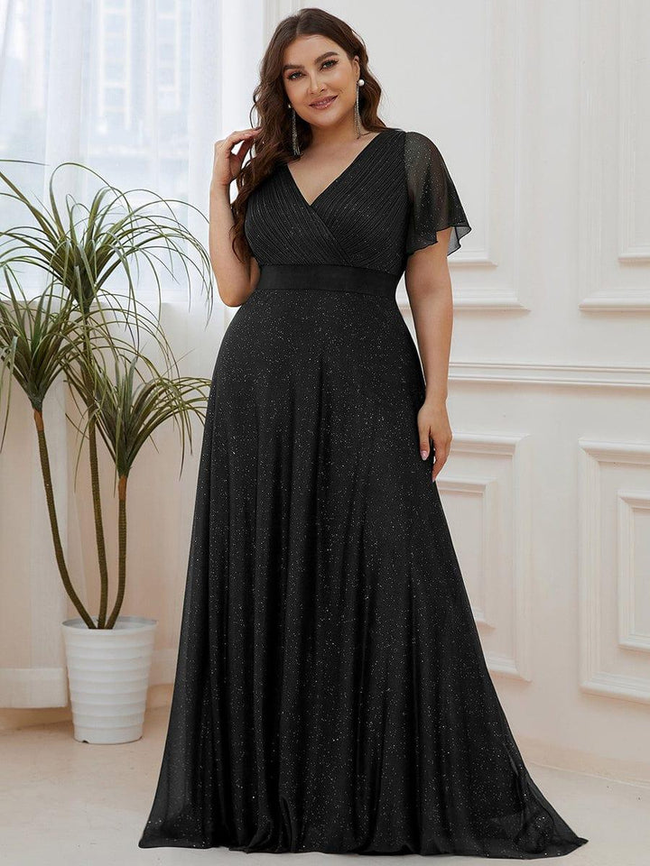 Plus size sparkly ribbon waist V-neck evening dress with sleeves for women