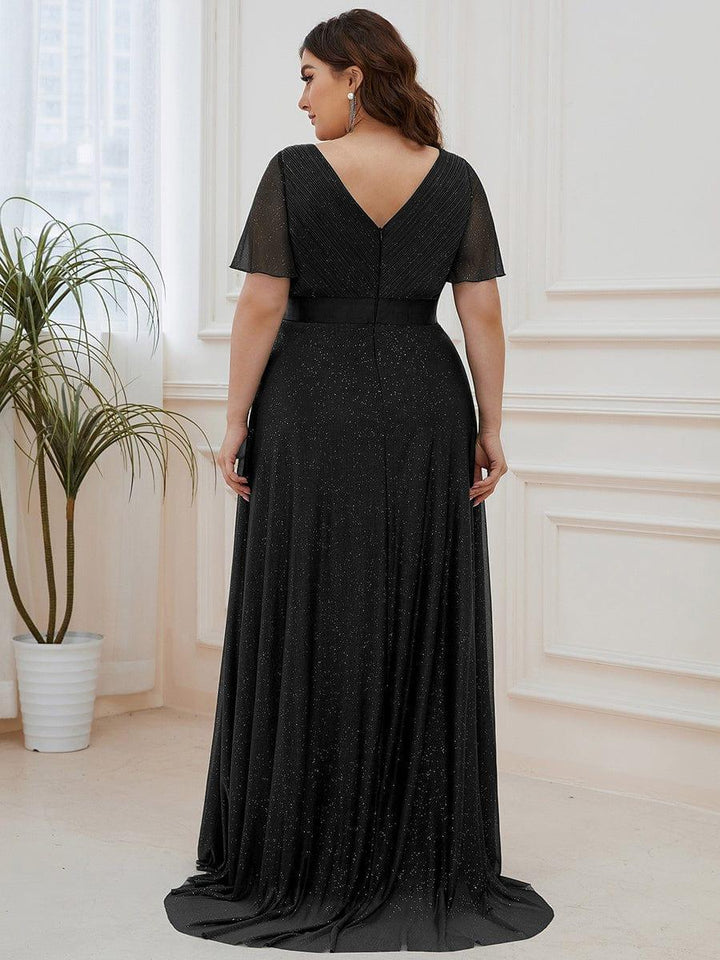 Plus size sparkly ribbon waist V-neck evening dress with sleeves for women
