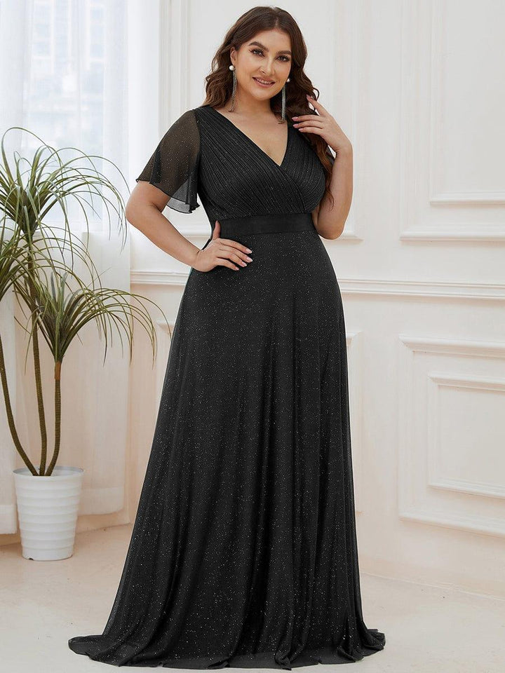 Plus size sparkly ribbon waist V-neck evening dress with sleeves for women